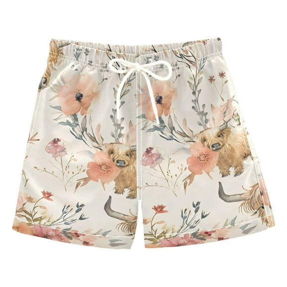 ALAZA Boys Swim Trunks Cute Highland Cows Beach Board Shorts Drawstring Swimsuit S