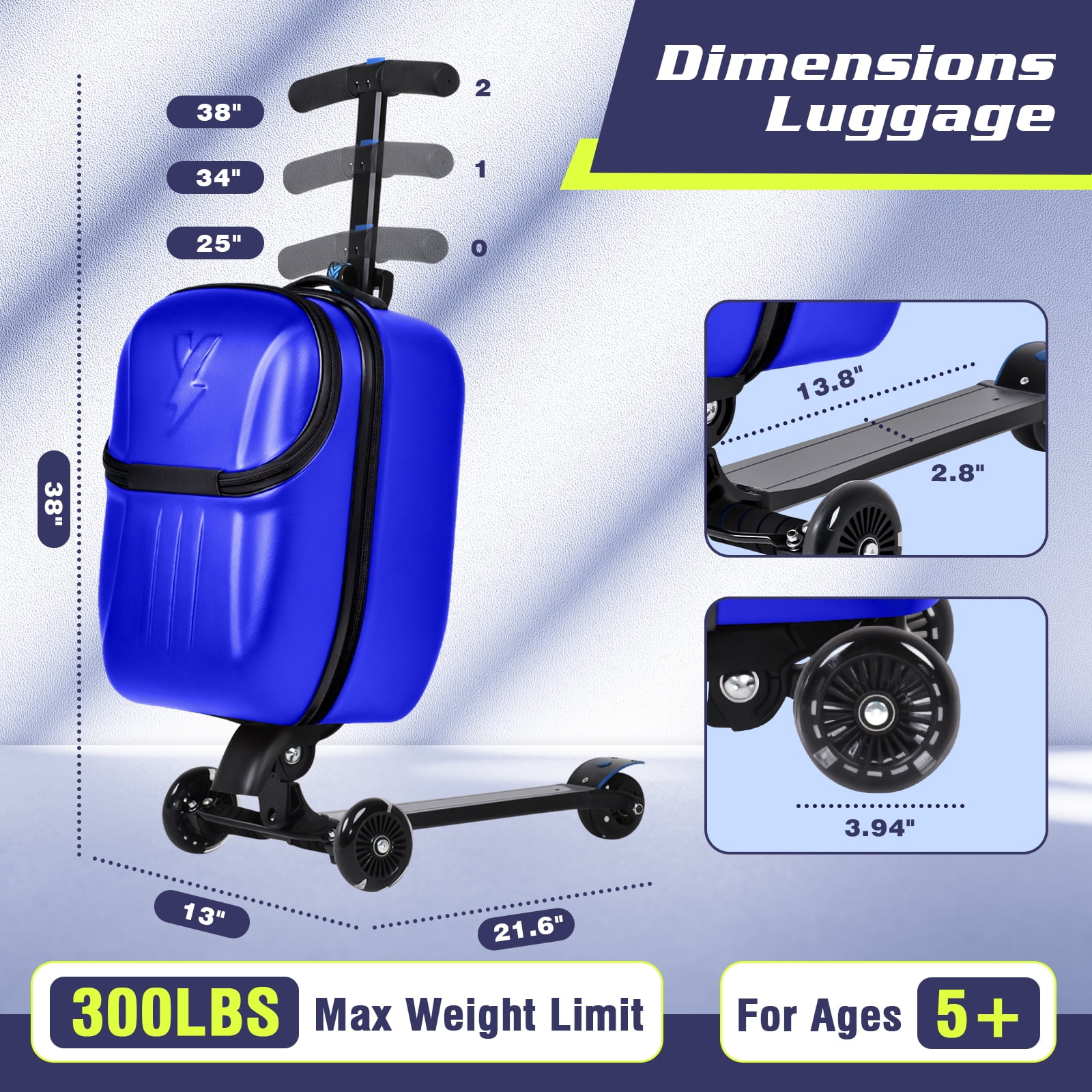 Advwin Scooter Suitcase with Top Opening & LED Light-up Wheel, Lightweight Hardshell Foldable Ride-On Luggage with Adjustable Handle for Travel, Blue