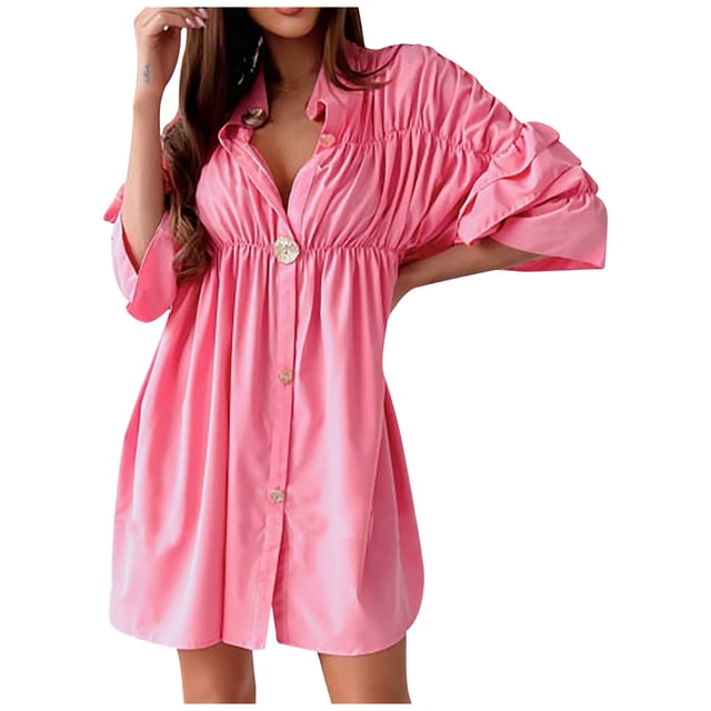 Pompotops Robe Mini Bohème Mode Femme Col en V Manches Longues Volants Unie