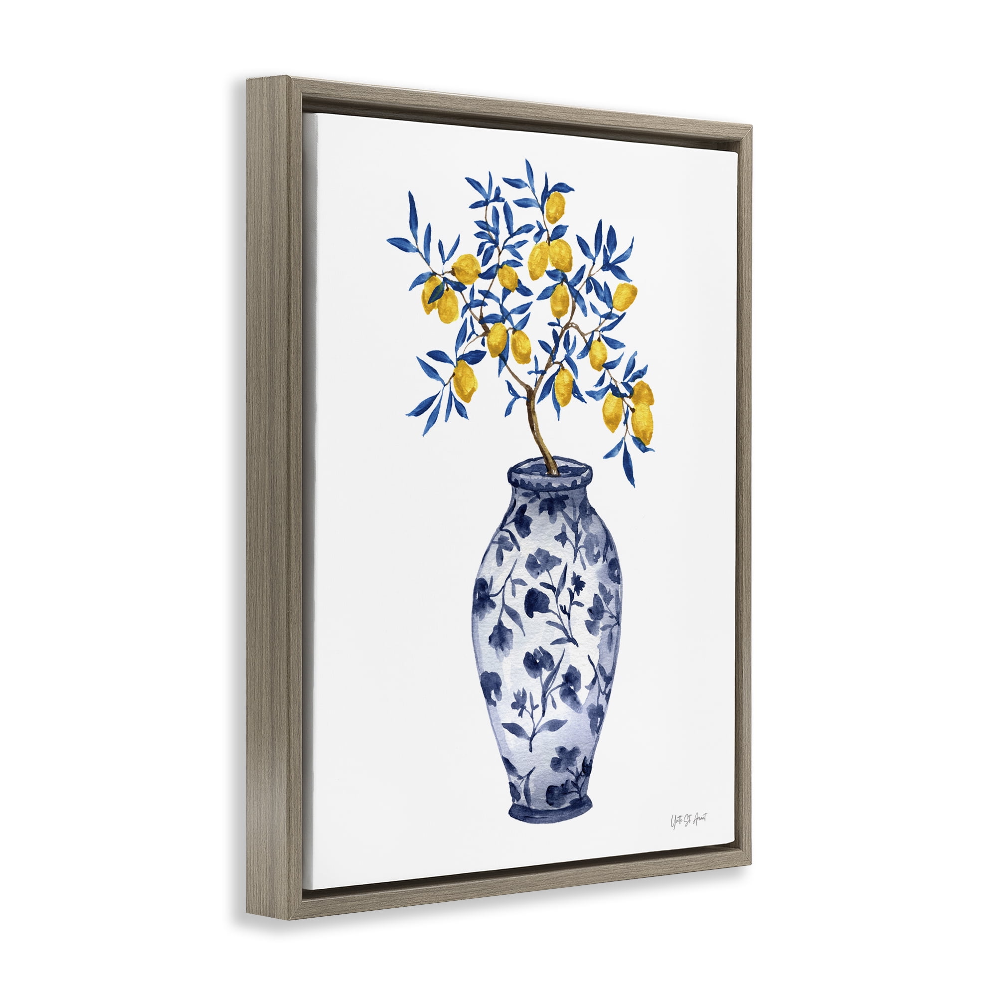 Stupell Industries Chinoiserie Vase Lemons Food & Beverage Painting Brown Floater Framed Canvas Art Print Wall Art, 17 x 21