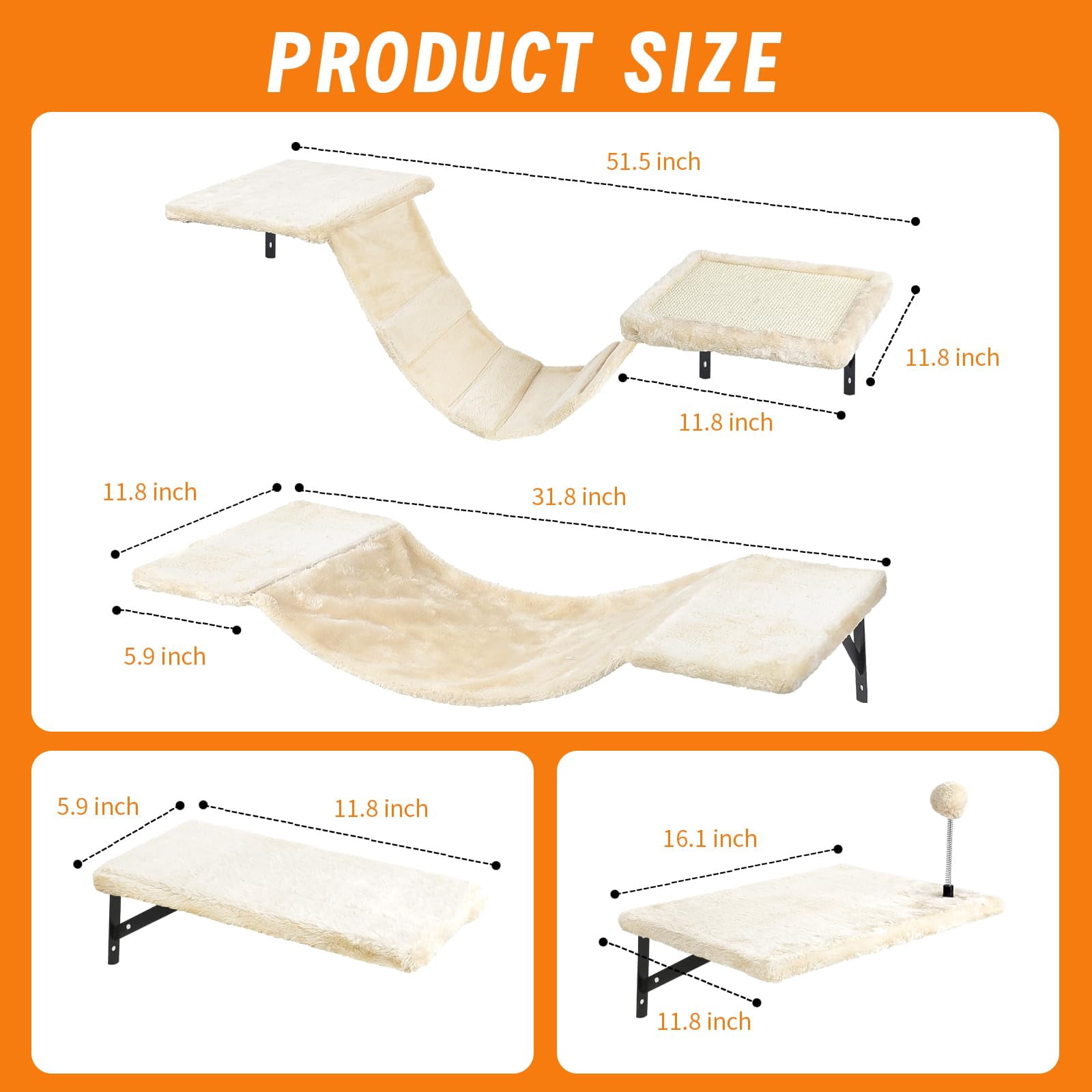 Wall-mounted Cat Climber Set With Climbing Shelves  Perches Bridge Hammock Board & Ball - 7 Wood Indoor Furniture For Kittens Play (beige)