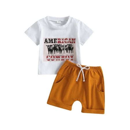 

Blotona 4th of July Baby Boys Independence Day Outfits Letter Cattle Print Short Sleeve Tops Crew Neck T-shirt and Elastic Drawstring Shorts 2Pcs Toddle Summer Casual Clothes Set 3M-3T