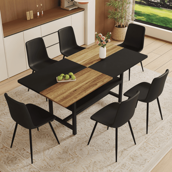 Table and chair set.Wooden And Black Spliced Dining Table With Storage Function In The Middle Of The Table Legs.Paired With 6 Black Artificial PU Chairs With Curved Widened Cushion Design