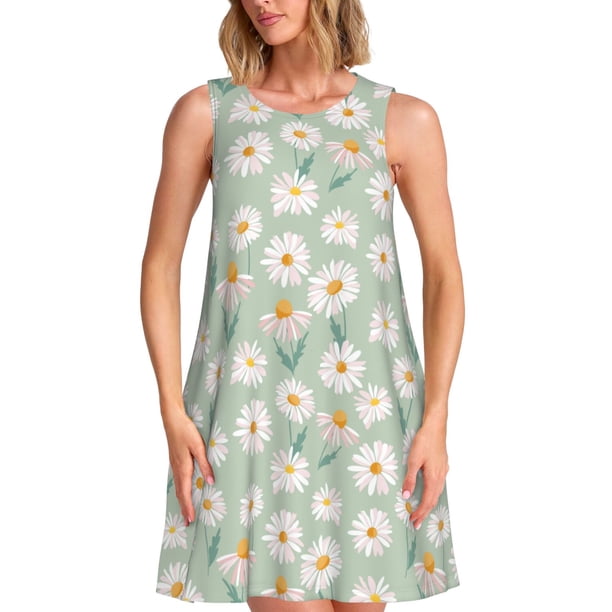 Fotbe Daisies Flowers Vestido de Verano sin Mangas para Mujer – Vestido Midi Línea A, Estilo Camiseta Floral, Vestido Playero Casual y Fluido