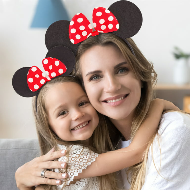 Disney Minnie Mouse Sparkled Ear Shaped Headband with Polka Dot Bow, Mommy and Me Set, Include One Adult Size and One for Little