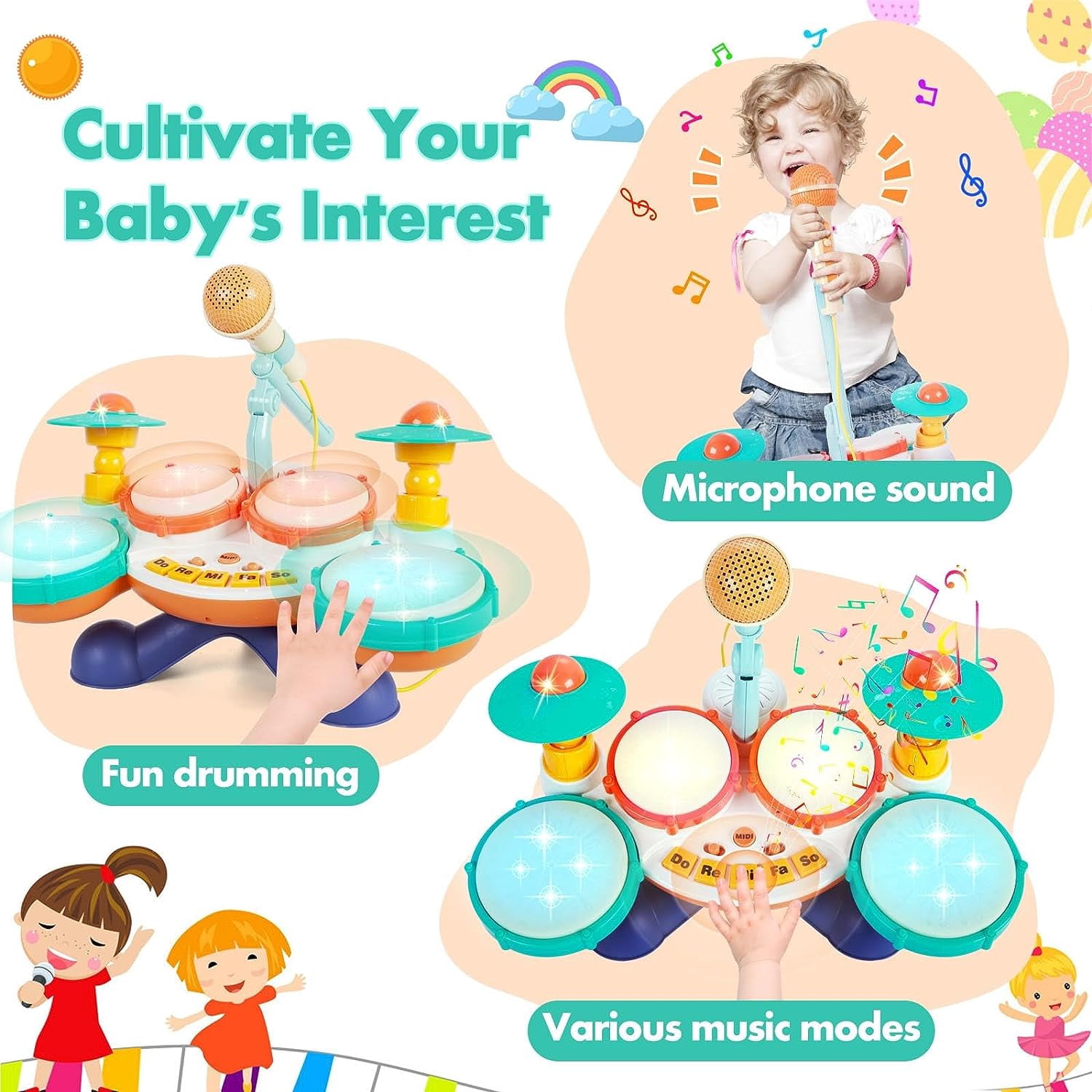 Zendure Drum Set with Microphone for Toddler 1-3 Baby Musical Toys Drum Piano Musical Instrument Learning Toys Gift for Boys Girls Age 2-5