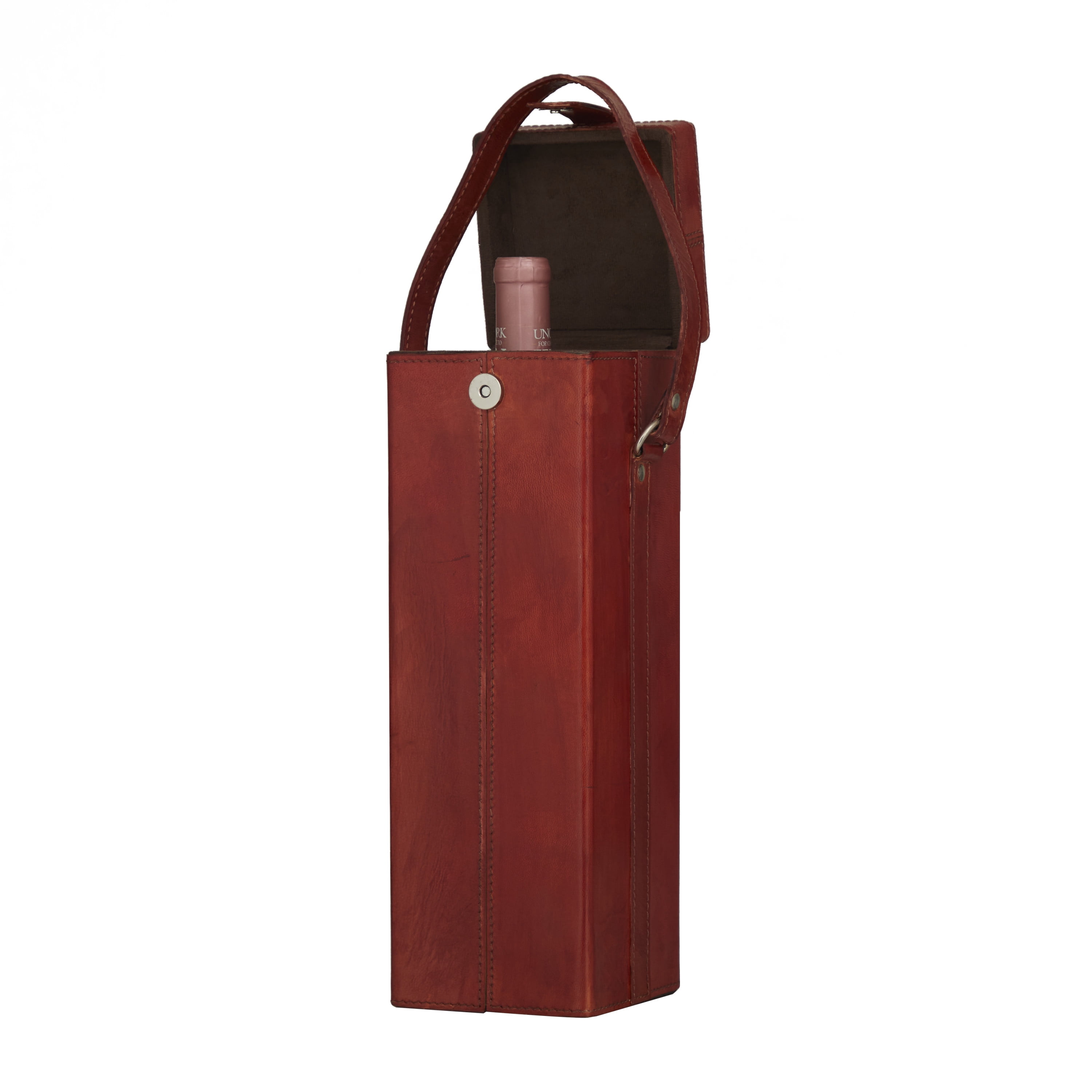 DecMode 5" x 15" Red Leather Single Bottle Wine Holder with Carrying Handle, 1-Piece