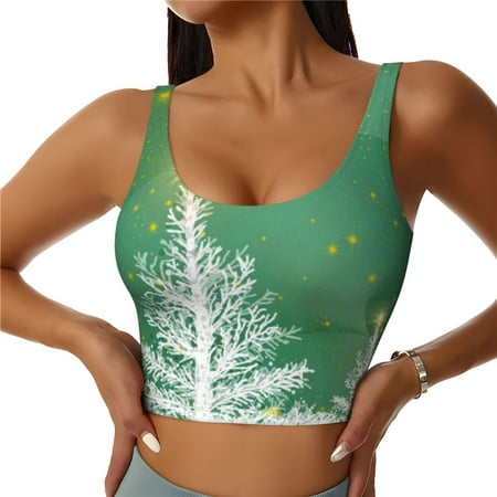 Jgfou Christmas Green Print Womens Sports Bra - Padded Workout Sports Bras Crop Tank Top