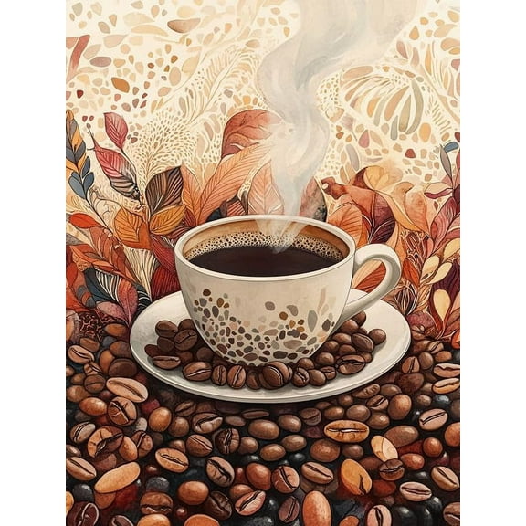 5D DIY Diamond Painting Set "Coffee Cup,Leaf" Round Diamond Art Crafts for Adults, Suitable for Wall Decoration, Bedroom and Home Decoration