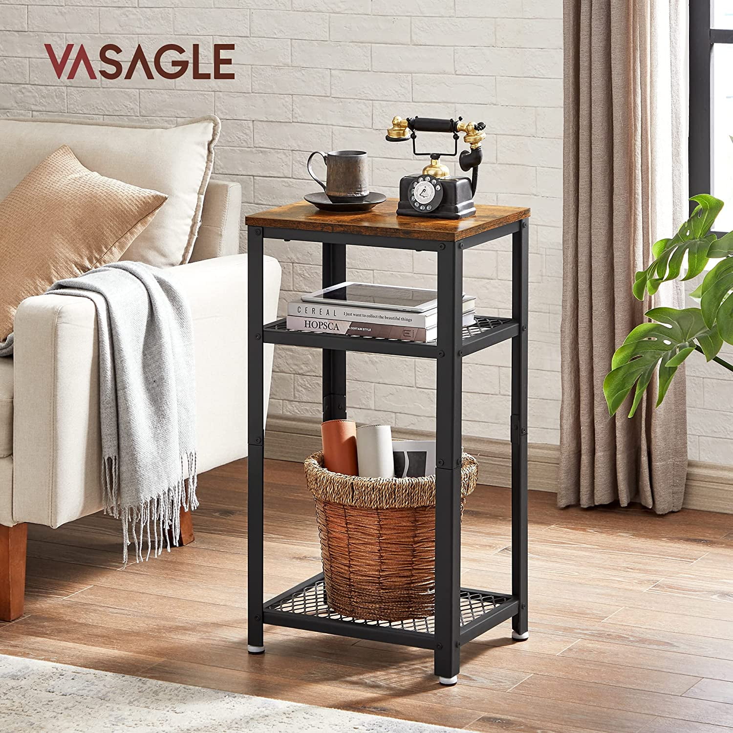 VASAGLE Tall Side Table, Telephone Table End Table with 2 Mesh Shelves for Living Room Bedroom Home Office