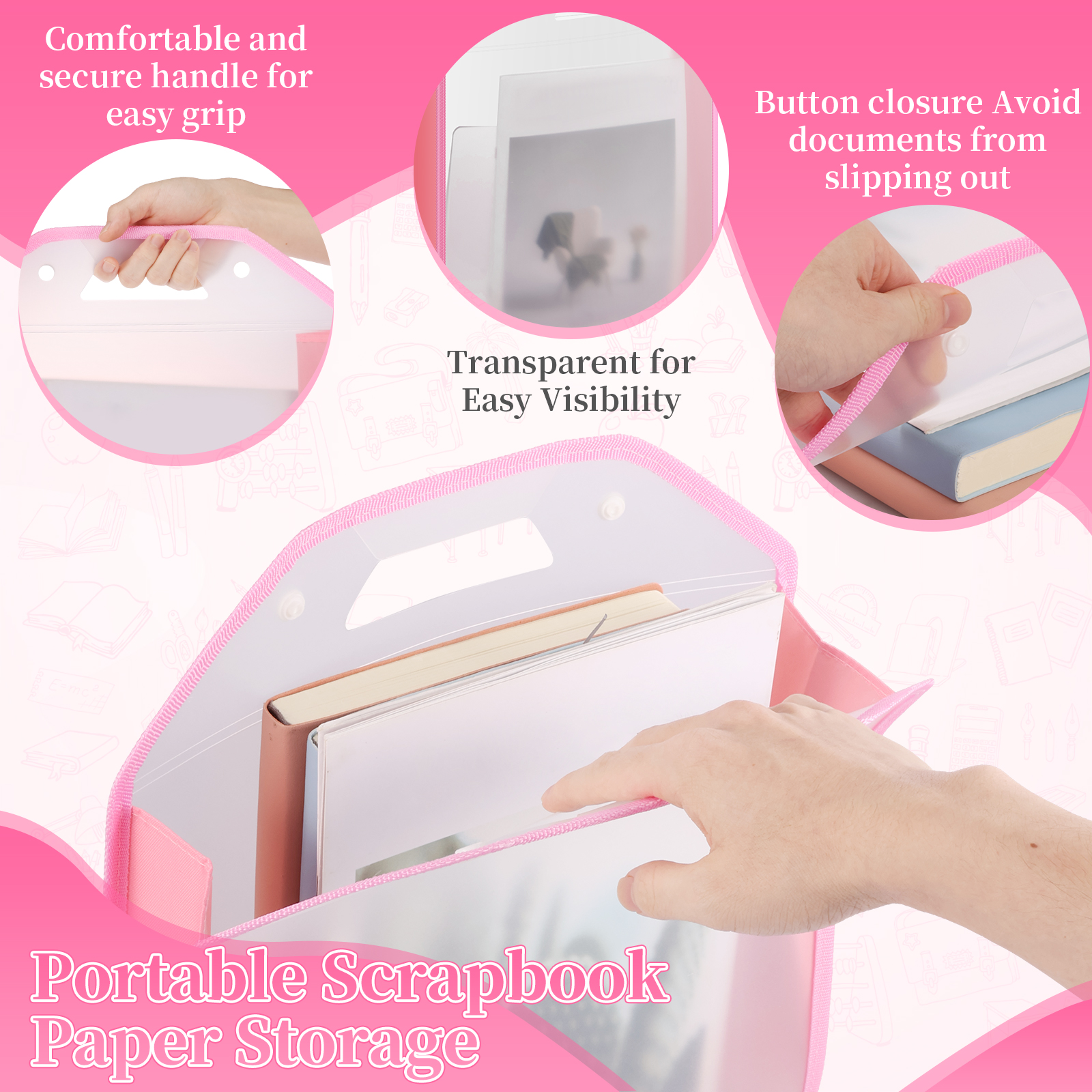 6Pcs Portable Scrapbook Paper Storage Organizer with Handle and Button Closure Transparent Expandable Paper Storage Bag for 12 By 12 Inch Sheets Vinyl Photo