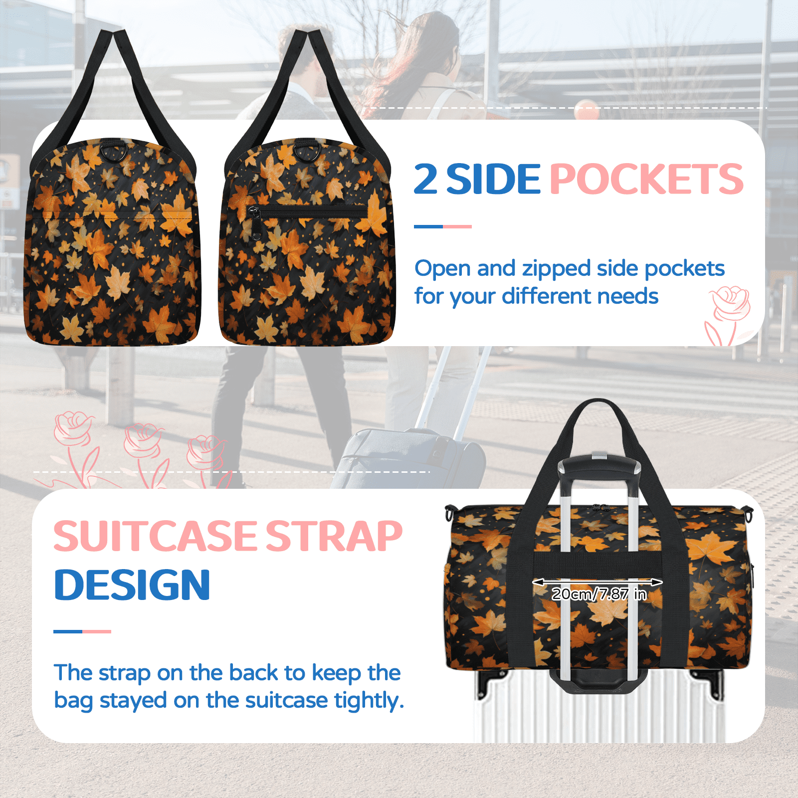 Herdesigns Maple Leaves Gym Bag for Women, Duffle Bag for Travel Sport, Lightweight Waterproof Carry on Weekender Overnight Dance Yoga Workout Bags