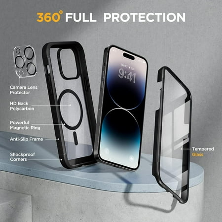 UYWGF-Glass Series Designed for iPhone 14 Pro Max Case 6.7 Inch, Upgrade Full-Body Magnetic Case with Built-in 9H Tempered Glass Screen Protector, with Camera Lens Protector, Magnetic Black