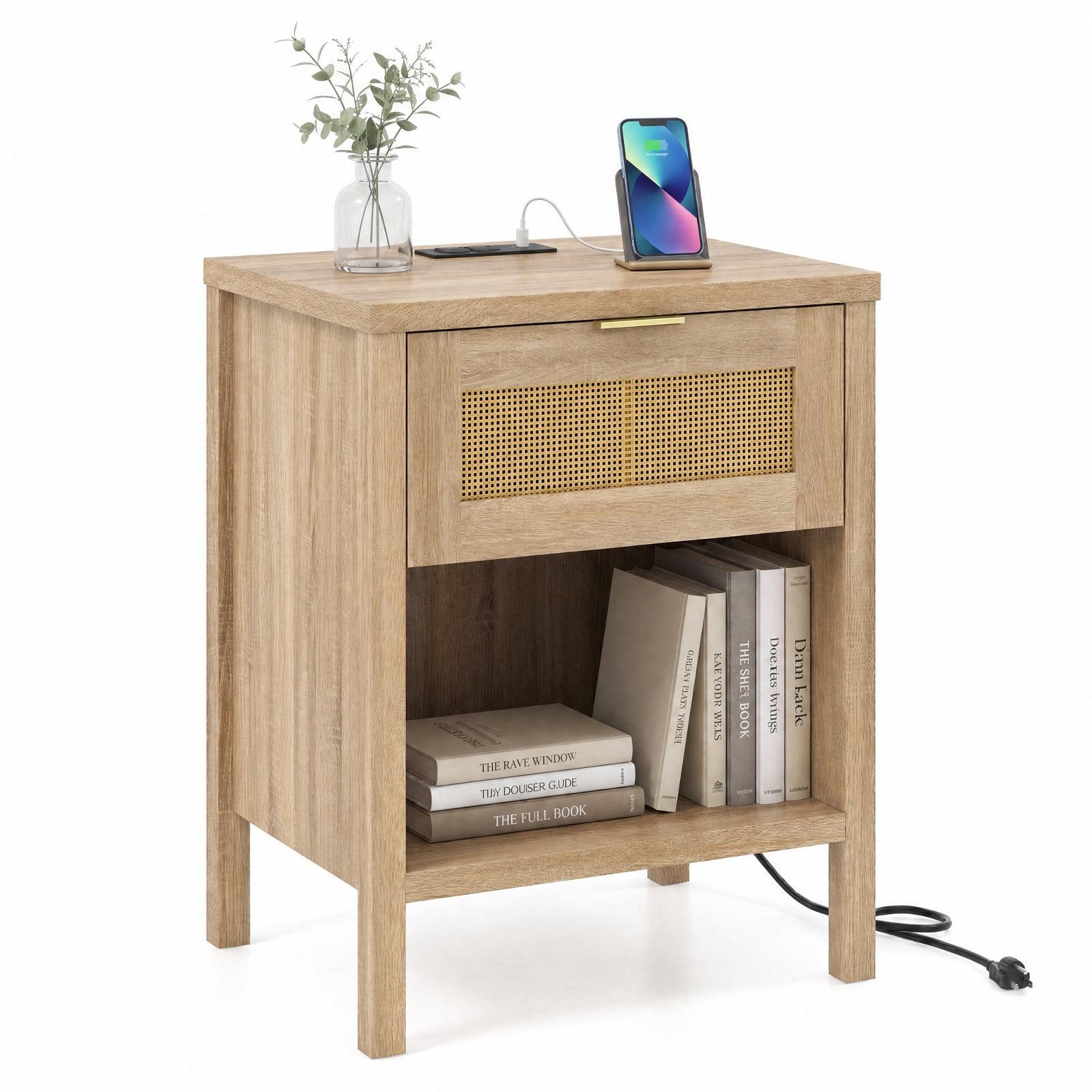 Furnibear Rattan Nightstand with Charging Station and Storage Shelf for Bedroom for Bedroom Living Room Bedside Sofa Side Small Space, Oak
