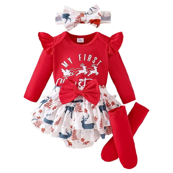 Ketyyh-chn99 My First Christmas Baby Girls Christmas Outfits Clothes Newborn My First Christmas Romper Tutu Dress Headband Leg Warmer Shoes Toddler Clothing Size for 0-3 Months,White
