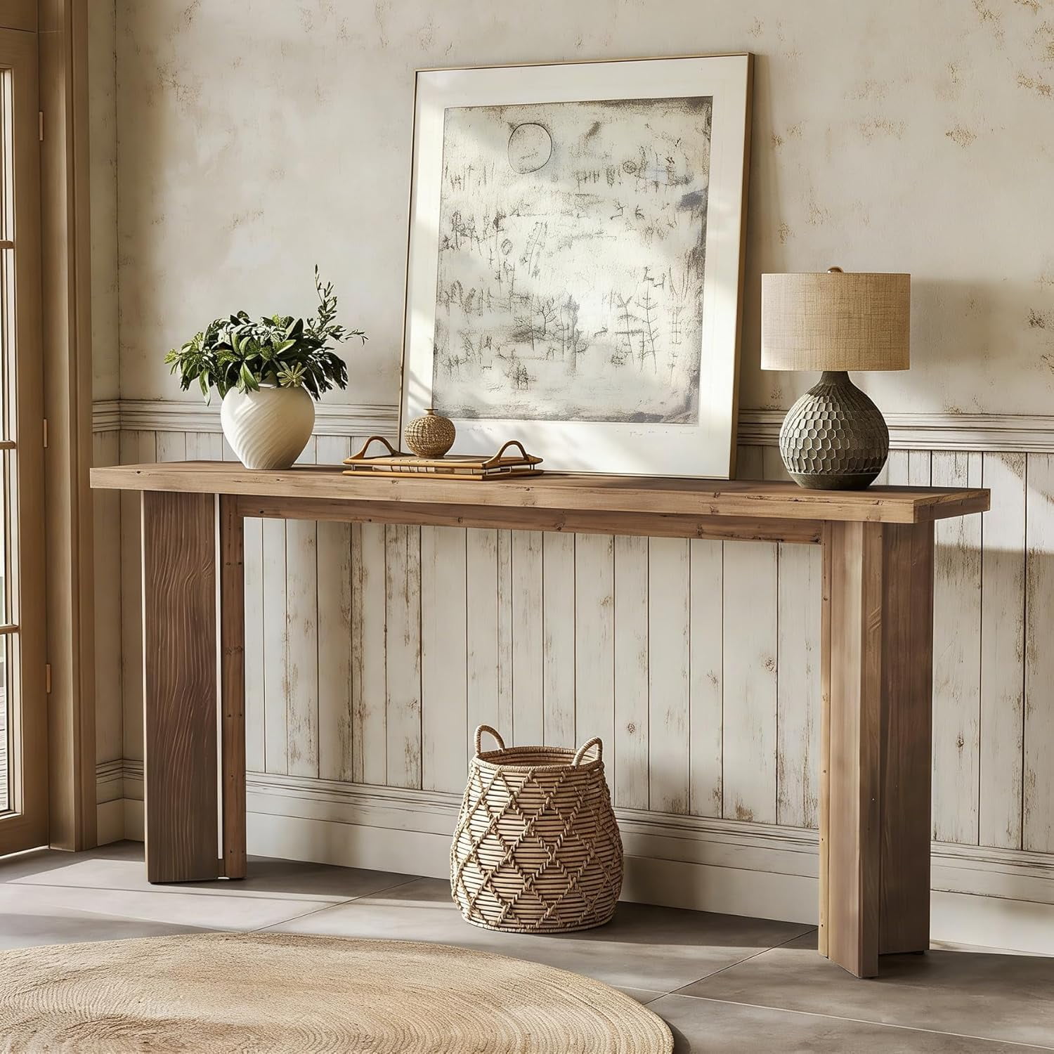 Finmind 70.9" Solid Wood Console Table, Extra Long Farmhouse Sofa Table for Entryway, Rustic Brown