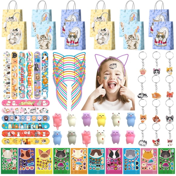 Cat Party Favors, 72pcs Kitty Party Favors Set - Goodie Bags Ears Headband Stickers Keychains Slap Bracelets for Cat Birthday Party Decorations Supplies