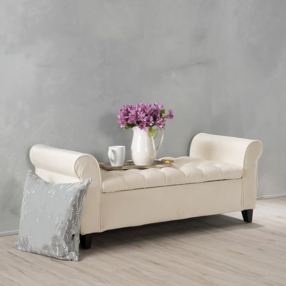 Cterwk Fabric Storage Bench with Wood Frame, 38" Storage Ottoman for Living Room, Bedroom, Ivory White