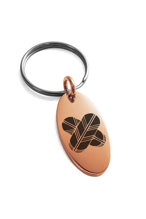 Stainless Steel Aso Samurai Crest Engraved Small Oval Charm Keychain Keyring
