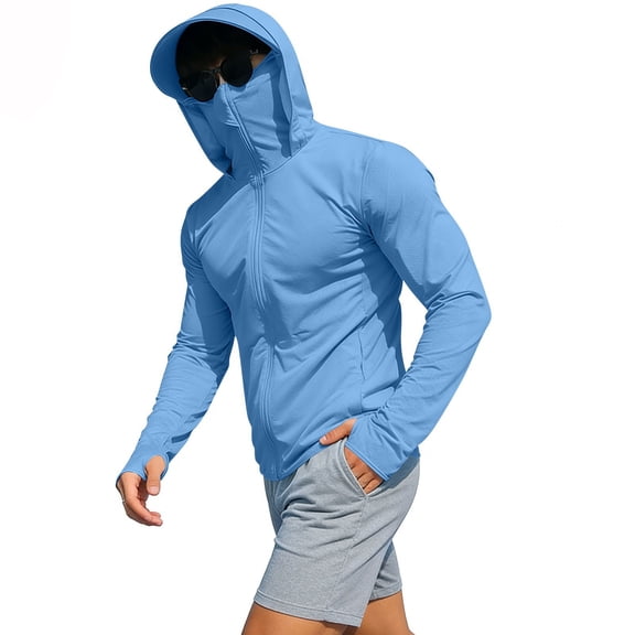 Blmnix Zip-Up Men T Shirts Sun Shirt Baggy Fishing Shirts T-Shirts Long Sleeve Hooded Blue Tee Shirts,S