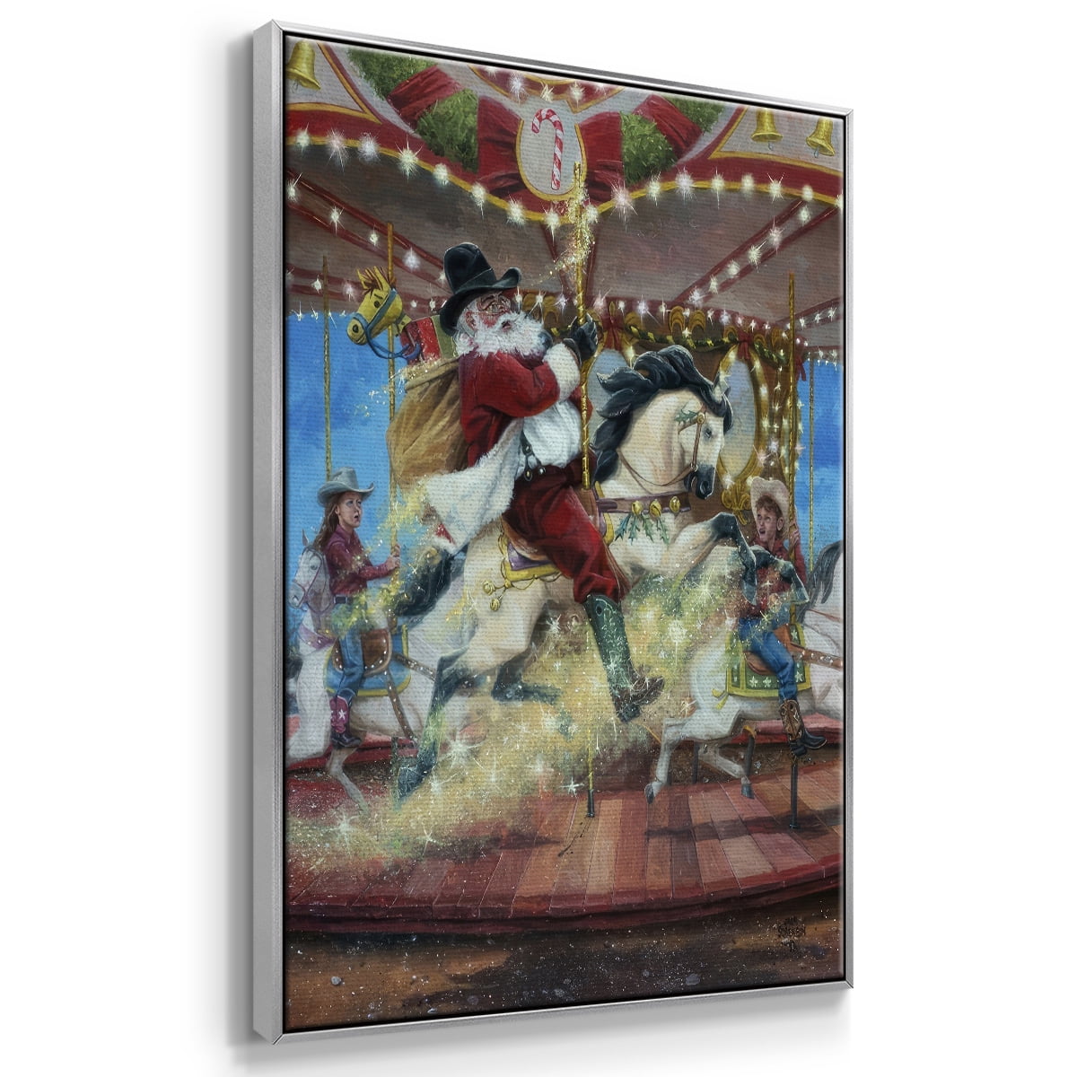 Merry Go Round - Framed Gallery Wrapped Holiday Canvas - 27 x 41 - Silver Frame