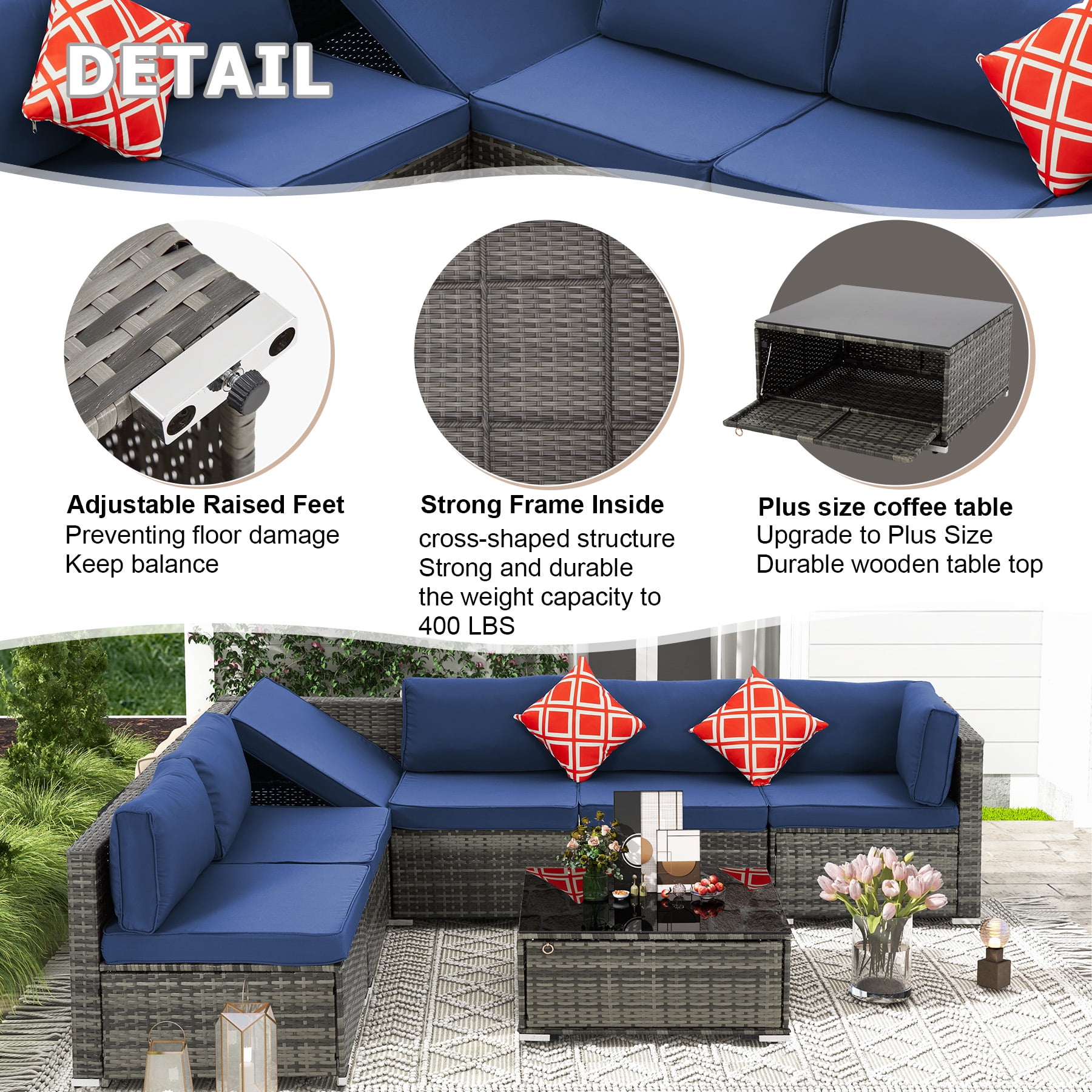 Homrest 7 Piece Patio Furniture Set with Adjustable Bracket All-Weather Wicker Conversation Set with Coffee Table for Porch Garden Backyard (Blue)