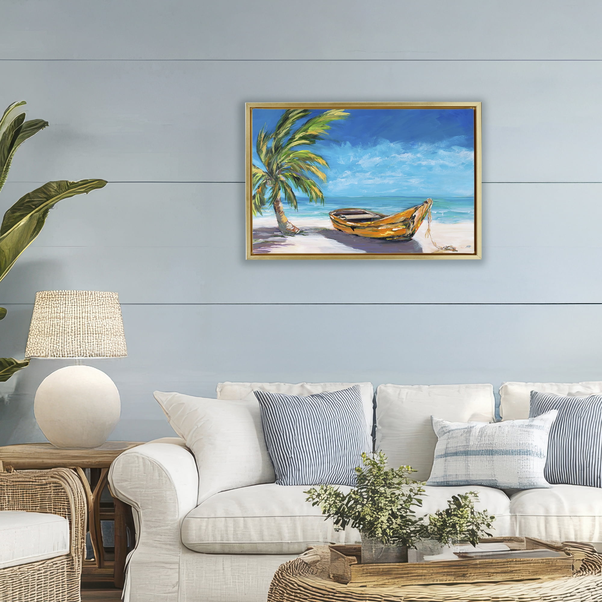 Stupell Industries Lost Island Palm & Boat Gold Framed Floater Canvas Wall Art, design by Julie DeRice