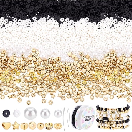 3712pcs White Black Clay Beads Bracelet Making Kit 6mm Polymer Clay Heishi Beads Kit Gold Spacer Beads and Pearl Beads for Friendship Bracelet Kit for Anklet Jewelry Making
