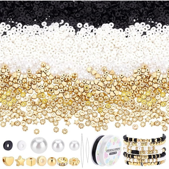 3712pcs White Black Clay Beads Bracelet Making Kit 6mm Polymer Clay Heishi Beads Kit Gold Spacer Beads and Pearl Beads for Friendship Bracelet Kit for Anklet Jewelry Making