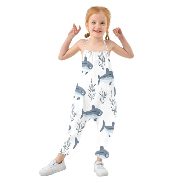 Girls' Jumpsuits Rompers Summer Casual Sleeveless Rompers With Pockets Spaghetti Strap Romper Blue Sardines and Seaweed 1T
