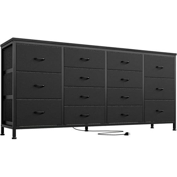 Senfot 14 Drawer Dresser, Long Entertainment Center,63 Inch Black Fabric Dresser TV Stand with Power Outlet for 65 70 75 Inch TV, for Living Room,Closet, Bedroom, Entryway,Black