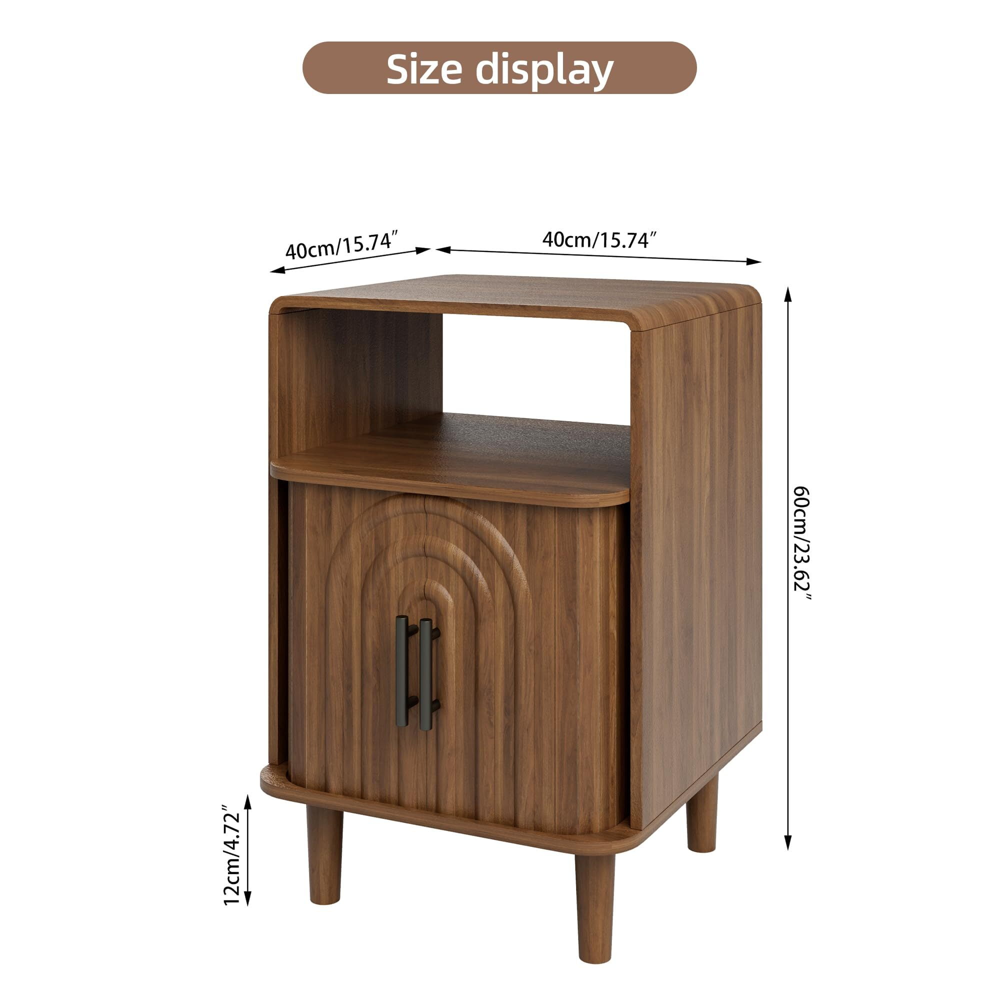 Mid Century Nightstand Set of 2, Fluted Bedside Tables with Storage, Small Vintage End Tables for Bedroom, Walnut