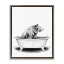 Stupell Industries Bear In Tub Rustic Bathroom Drawing Animals & Insects Painting Brown Floater Framed Canvas Art Print Wall Art, 17 x 21