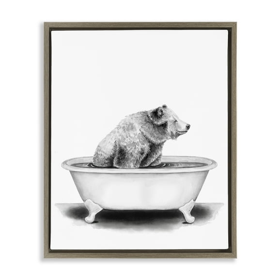 Stupell Industries Bear In Tub Rustic Bathroom Drawing Animals & Insects Painting Brown Floater Framed Canvas Art Print Wall Art, 17 x 21