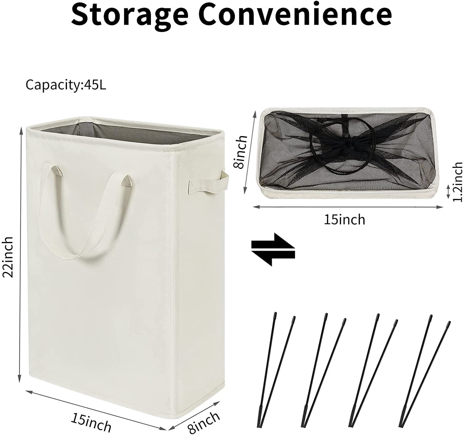 ZERO JET LAG Slim Laundry Hamper Handles Collapsible Laundry Basket Thin Dirty Clothes Basket Narrow Laundry Bag Foldable Dirty Hamper 45L (21 inches,Beige)