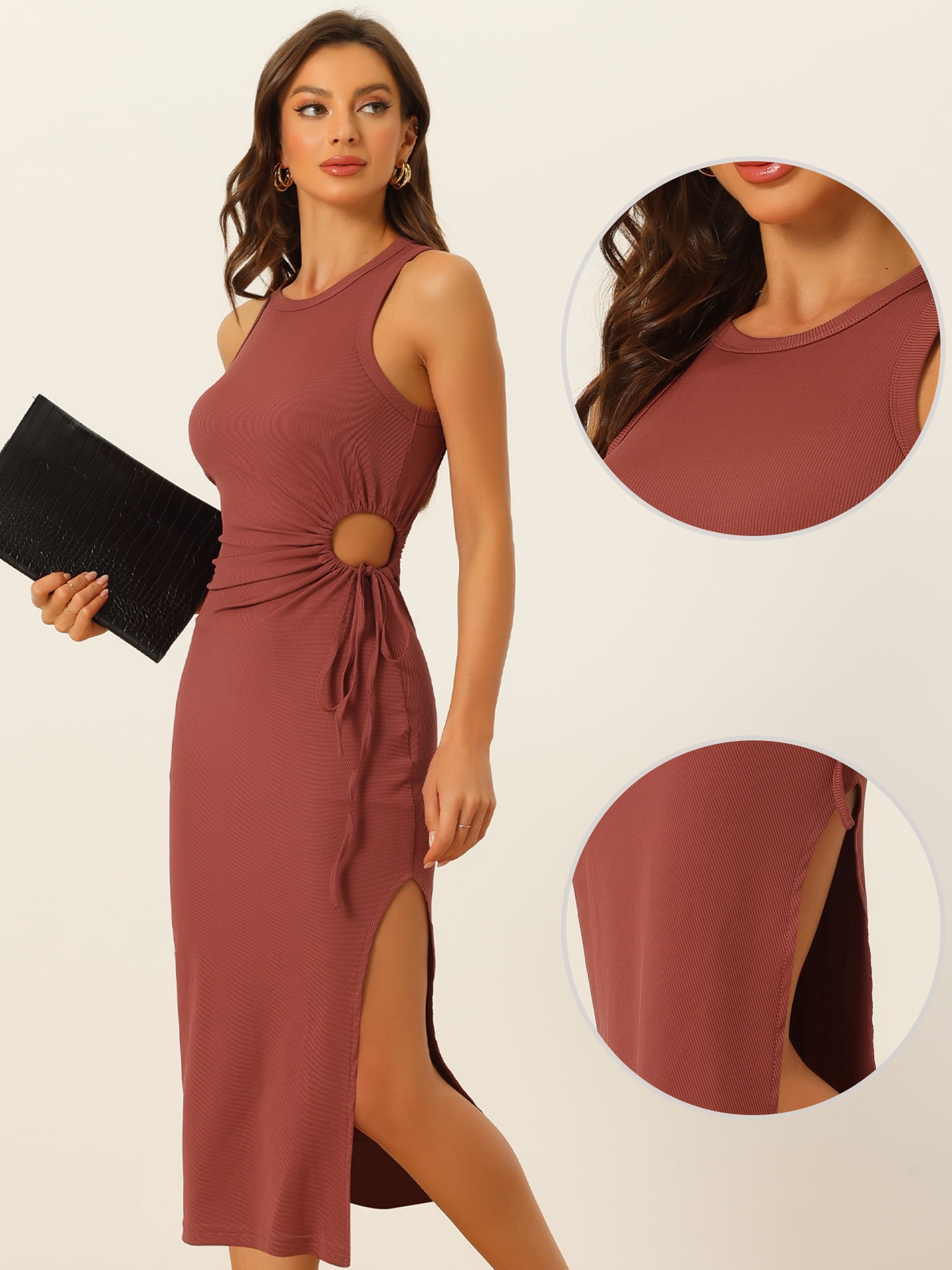 DARING DIVA Ribbed Knit Cut Out Waist Side Slit Tank Dress L Brick Red