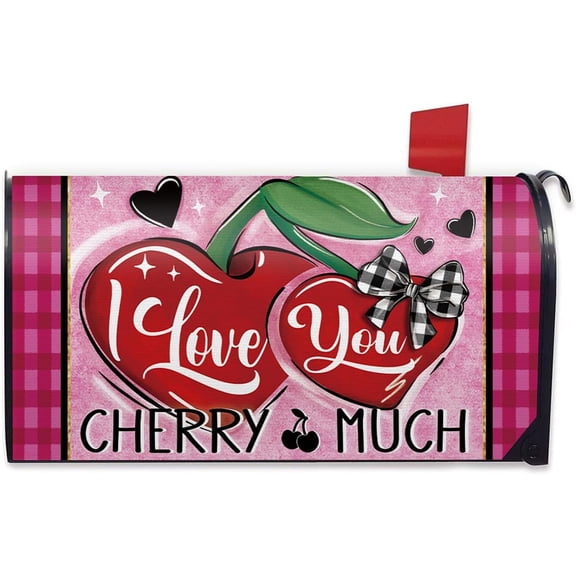 Valentines Day Cherry Mailbox Cover Magnetic Standard Size 21" x 19", Pink I Love You Cherry Much Hearts Decorative Post Letter Box Wrap Decor, Anniversary Wedding Garden Yard Outdoor Decoration