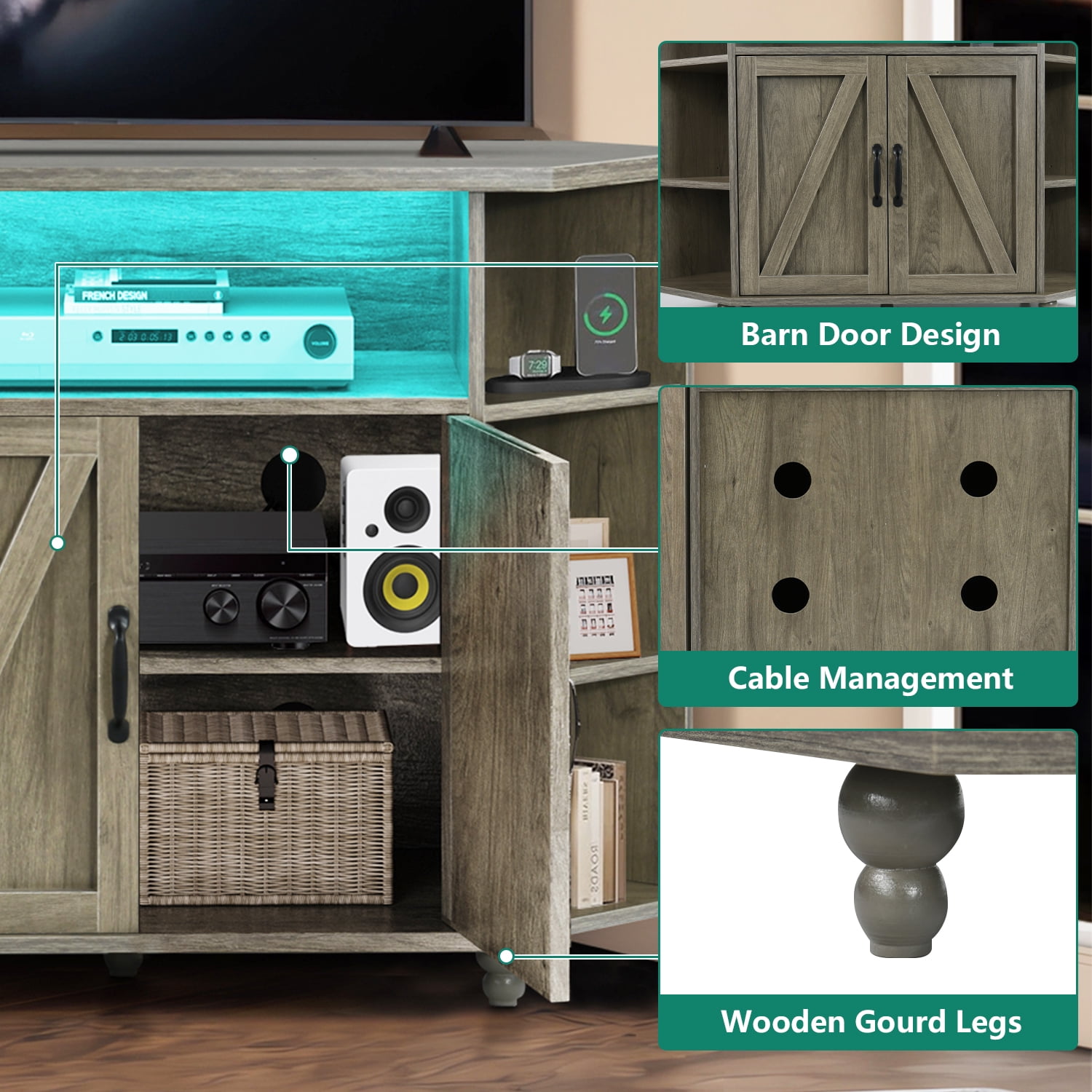 DreamCurship Modern Farmhouse Corner TV Stand for TVs Up to 55 Inch, Entertainment Center with Adjustable Shelves for Living Room, Wash Gray