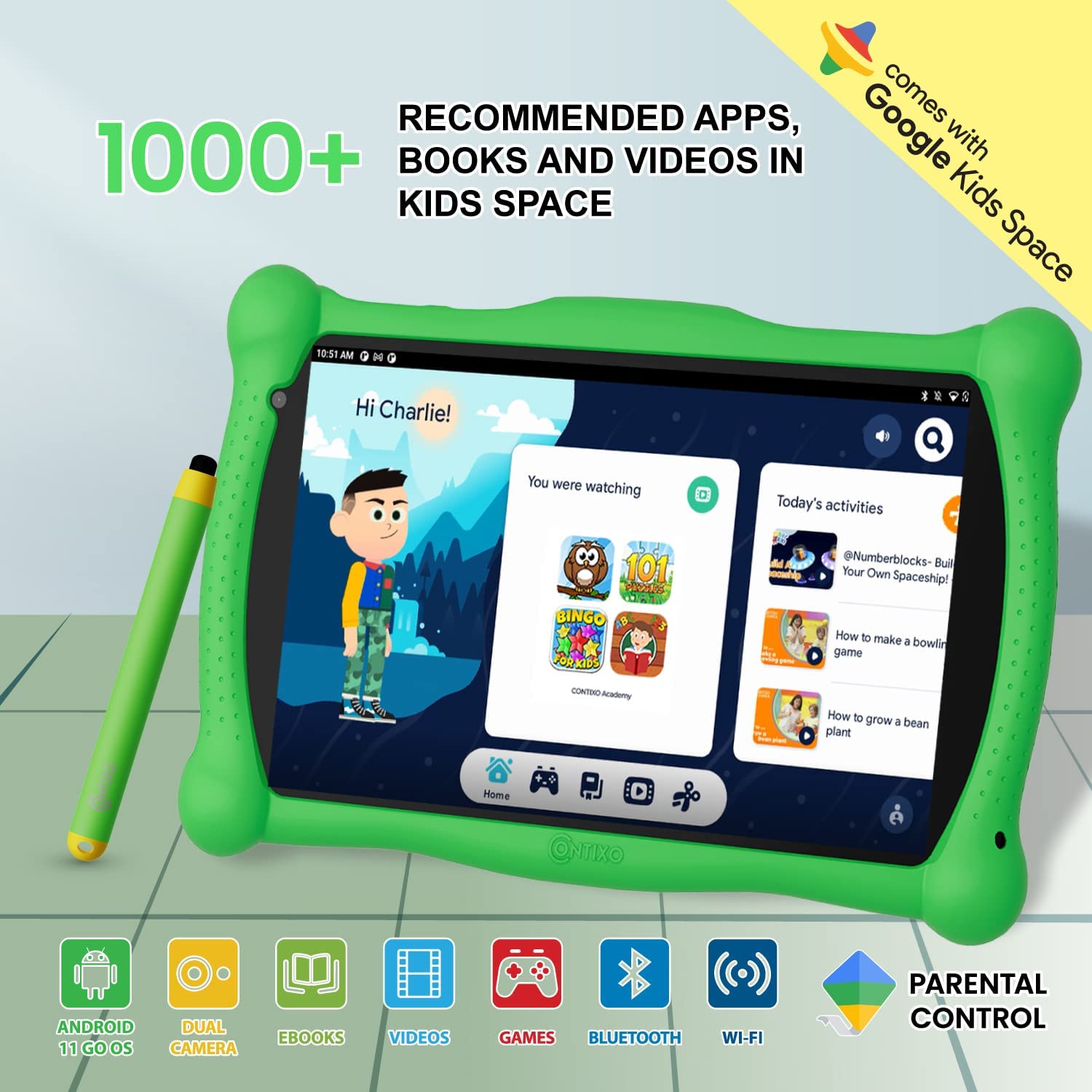 Contixo 7" Kids Learning Tablet HD Touch Screen, WiFi, Android 11, 2GB RAM, 32GB ROM, Protective Case with Kickstand, Age 3-9, V8-3-ST Green - image 2 of 8