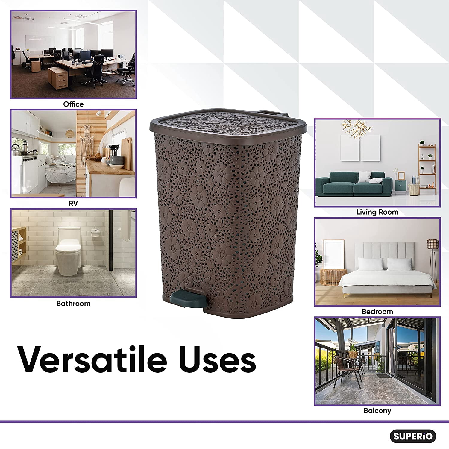 Compact Plastic Step-On Trash Can, 2 Pack Indoor and Outdoor Waste Bin with Foot Pedal, Brown Decorative Garbage Bin with Lace Design, 6 Qt Small Trash Can for Kitchen, Bathroom, Bedroom, Patio, Yard