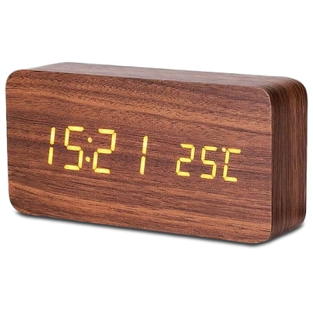 DAYBETTER Wooden Digital Alarm Clocks for Bedrooms, USB Port & Battery Powered, Loud Alarm Clock for Heavy Sleepers,Dimmer, 3 Alarms, Sound Control, Temperature, 12/24H