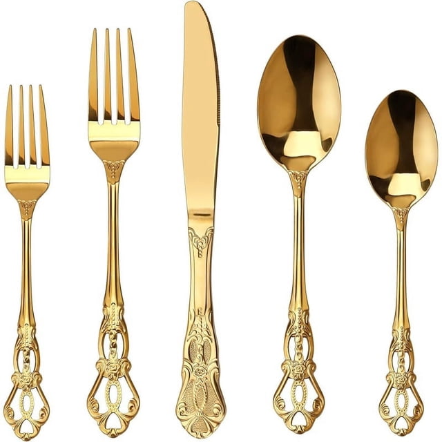 Precioso juego de cubiertos de 20 piezas de acero inoxidable Royal Gold retro, juego de cubiertos dorados, utensilios de juego de cubiertos de oro de acero inoxidable antioxidante