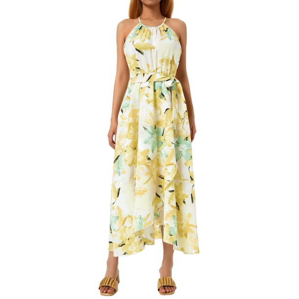 Txlixc Vestido de playa con estampado floral para mujer, estilo bohemio, sin mangas, cuello halter, volantes, cinturón ajustable, vestido de línea A Txlixc Casual