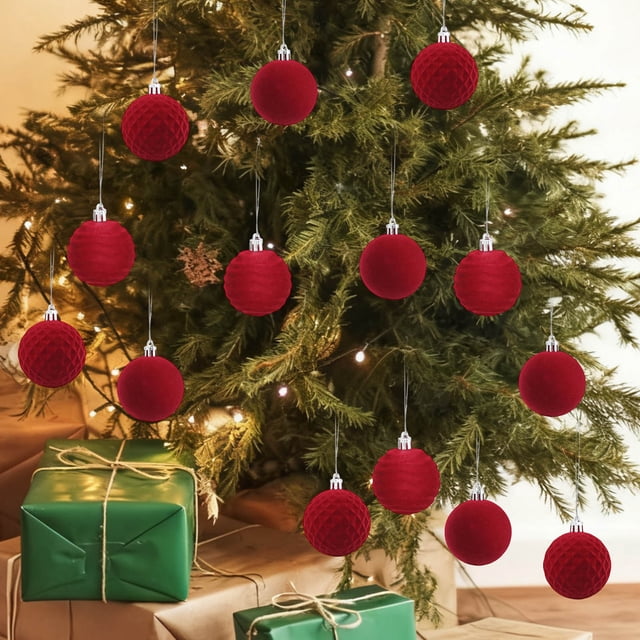 Seyotauo 16 Pcs Velvet Christmas Ball Ornaments -Flocked Shatterproof Christmas Tree Decorations Plastic Xmas Decorative Hanging Ornaments for Xmas Home Decor,4 Style