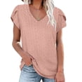 thumbnail image 3 of Top de manga corta con pétalos para mujer, camiseta informal con agujeros calados y cuello en V, camiseta informal para uso en verano, cuero, rosa, M, 3 of 5