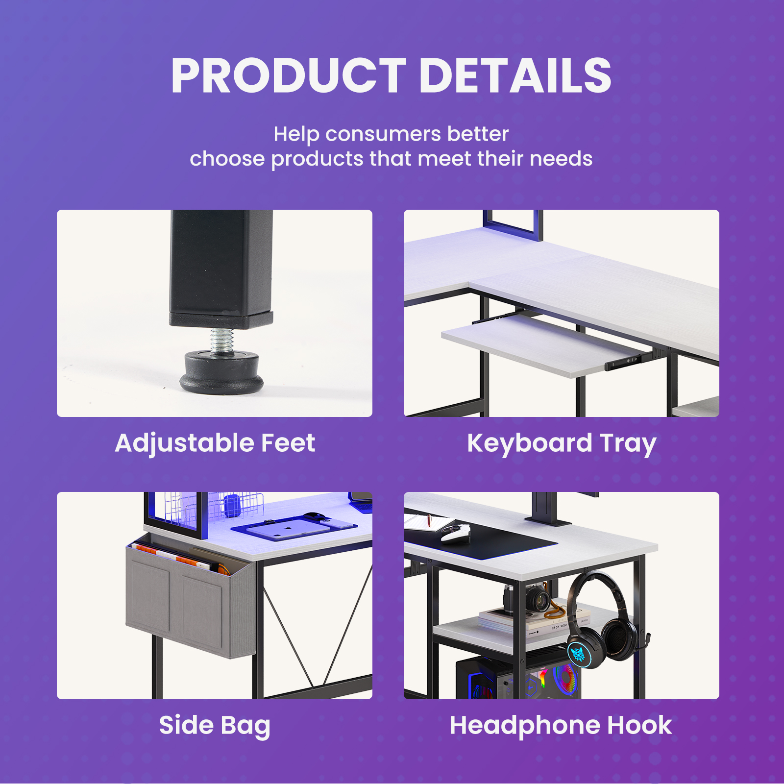 MCQ 94.5" Large L-Shaped Gaming Desk with LED Lights, Power Outlets, Drawer, Keyboard Tray & Hutch, White