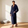 thumbnail image 5 of LangJing Mens Fleece Hooded Bathrobe Shawl Collar Soft Plush Robes for Men Shower Spa House Bath Robe with Pockets Navy,L, 5 of 6
