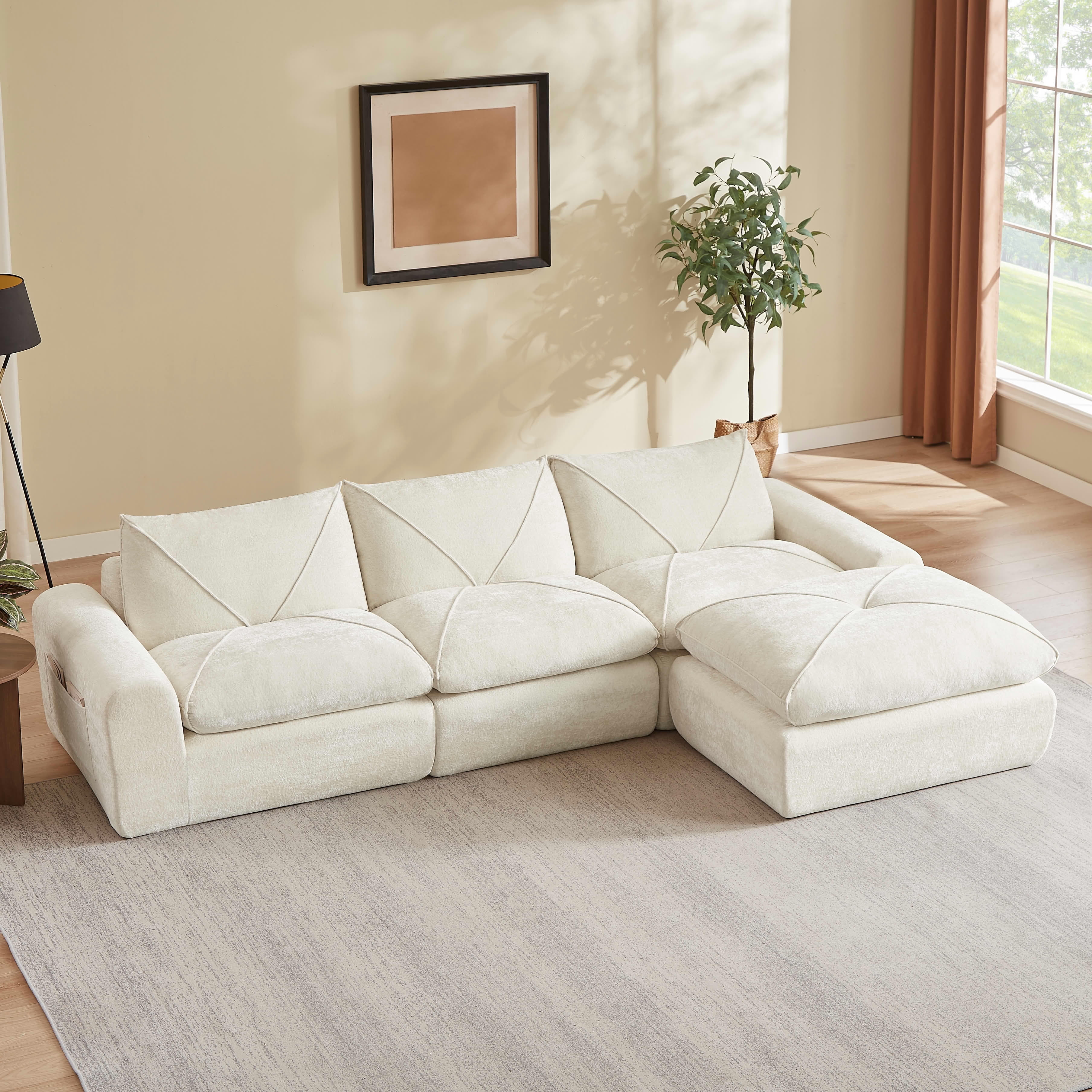 MAYEERTY 119" Cream Chenille L-Shaped Modular Sectional Sofa, Spring Support for Living Room Apartment