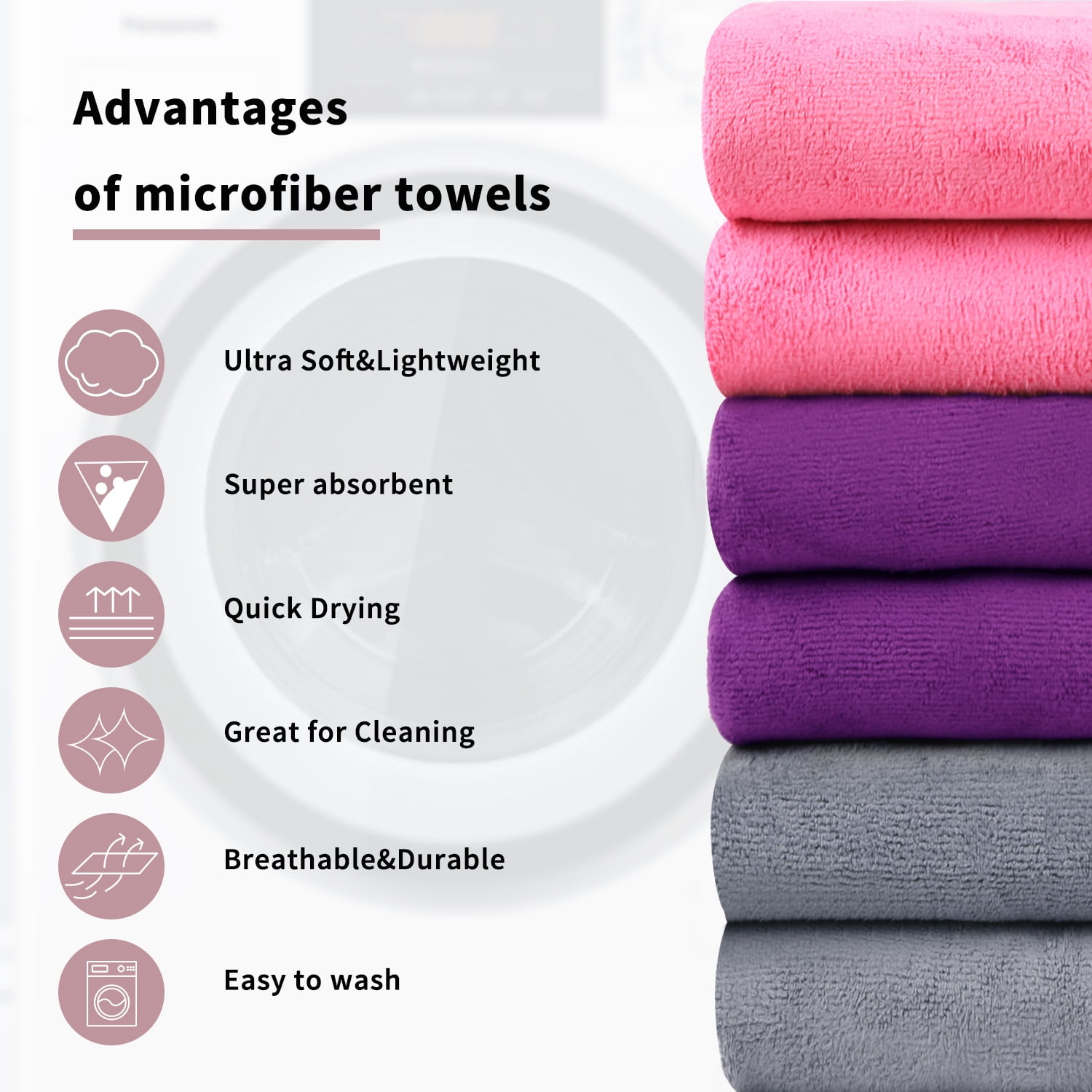 NC Microfiber Bath Towel Set of 6 - Soft Absorbent Hotel Bathroom Towels, Orange,Pink,Purple,Grey