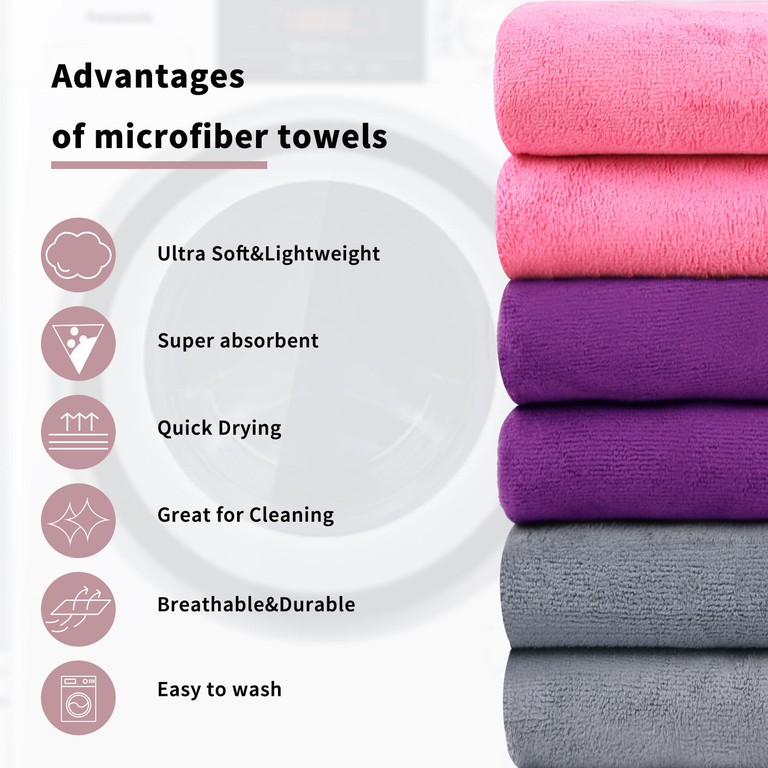 JML Bath Towel, Microfiber 6 Pack Towel Sets (27 x 55") - Extra Absorbent, Fast Drying Multipurpose Use as Bath Fitness Towel, Sports Towels, Yoga Towel, Pink，Purple，Grey - image 4 of 5